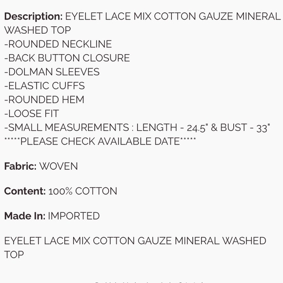 835 ❤️ EASEL EYELET LACE MIX COTTON GAUZE MINERAL WASHED
TOP - Picture 5 of 5